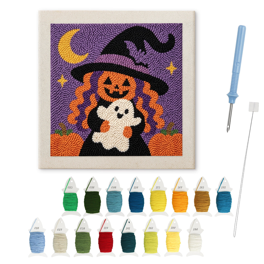 Pumpkin Witch Hug punch needle kit: finished canvas with threads, punch needle and threader