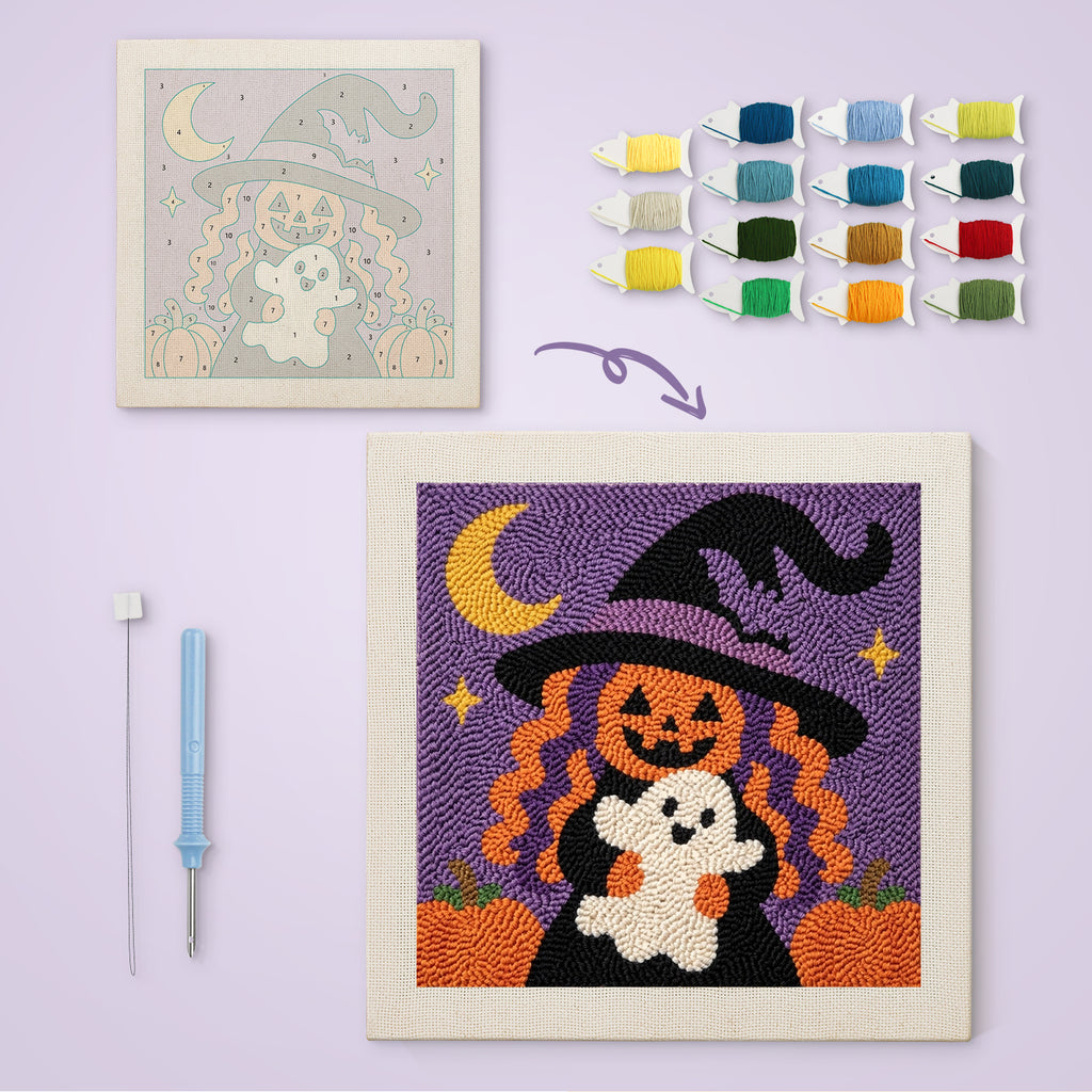 Pumpkin Witch Hug canvas before and after punching, with the threads and tools