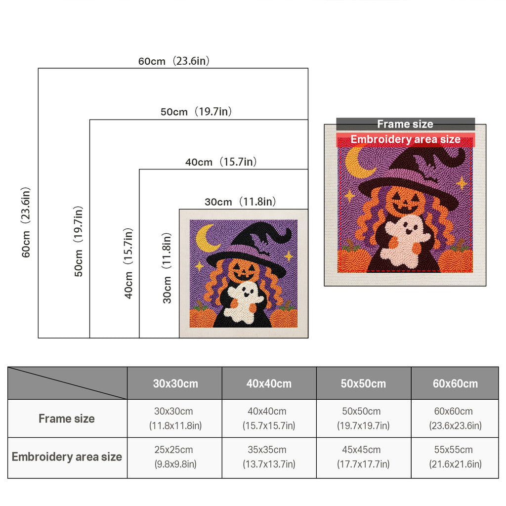 Size chart for square punch needle kits from 30 x 30 cm to 60 x 60 cm