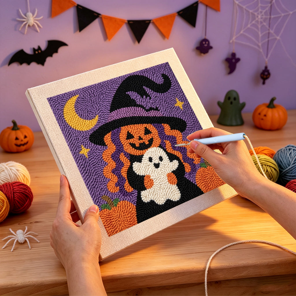Punching the Pumpkin Witch Hug design with the punch needle