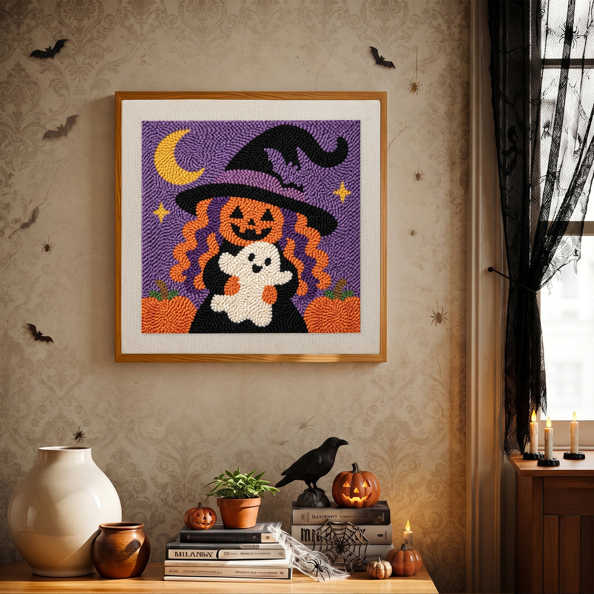 Finished Pumpkin Witch Hug punch needle canvas on a wall