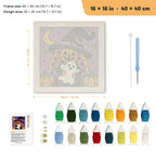 Pumpkin Witch Hug punch needle kit, 16 × 16 in (40 × 40 cm): canvas size and kit contents