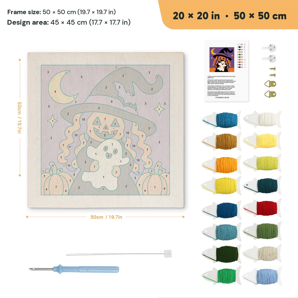 Pumpkin Witch Hug punch needle kit, 20 × 20 in (50 × 50 cm): canvas size and kit contents