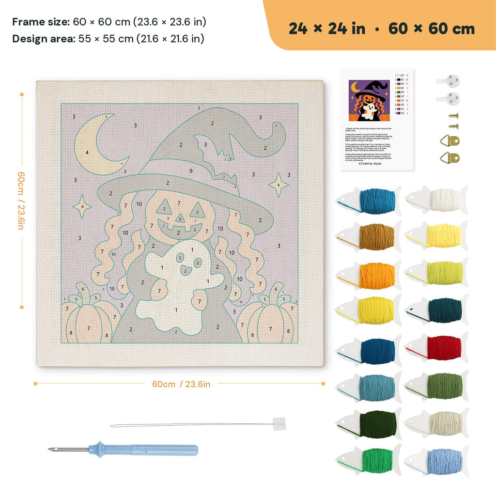 Pumpkin Witch Hug punch needle kit, 24 × 24 in (60 × 60 cm): canvas size and kit contents