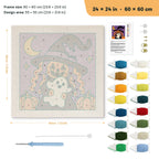 Pumpkin Witch Hug punch needle kit, 24 × 24 in (60 × 60 cm): canvas size and kit contents