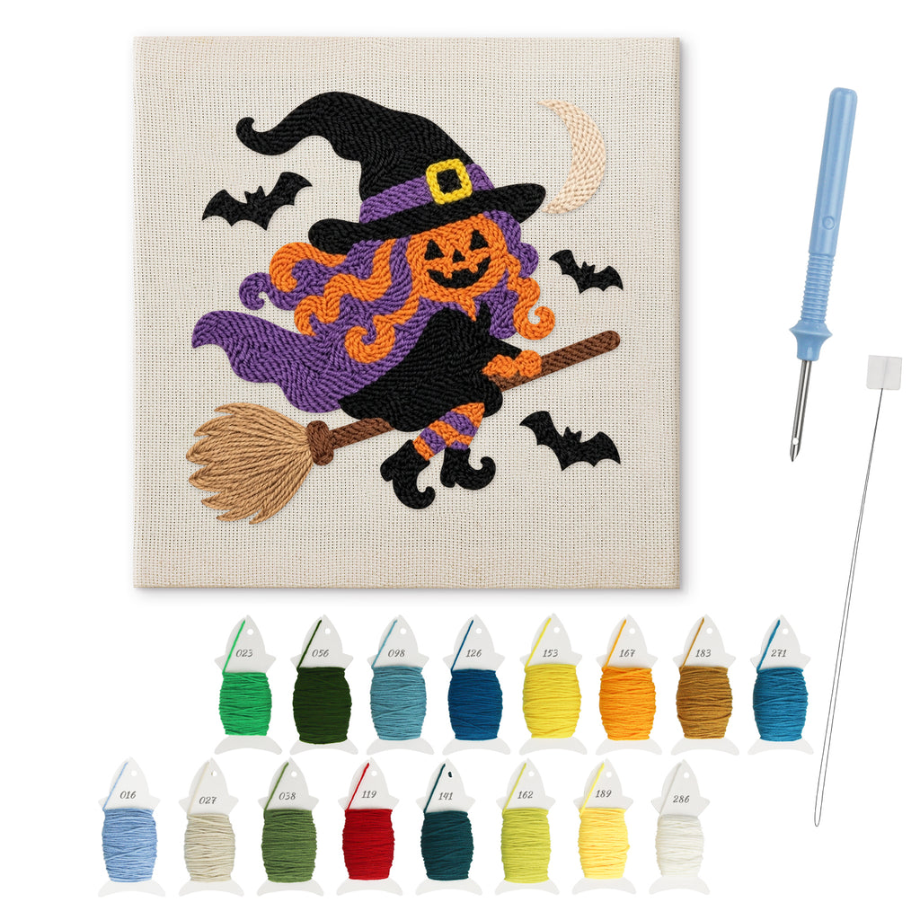 Pumpkin Witch in Flight punch needle kit: finished canvas with threads, punch needle and threader