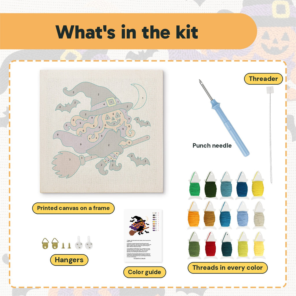 What is in the Pumpkin Witch in Flight kit: printed canvas, punch needle, threader, threads, color guide and hangers