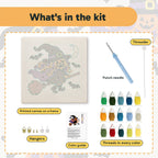 What is in the Pumpkin Witch in Flight kit: printed canvas, punch needle, threader, threads, color guide and hangers