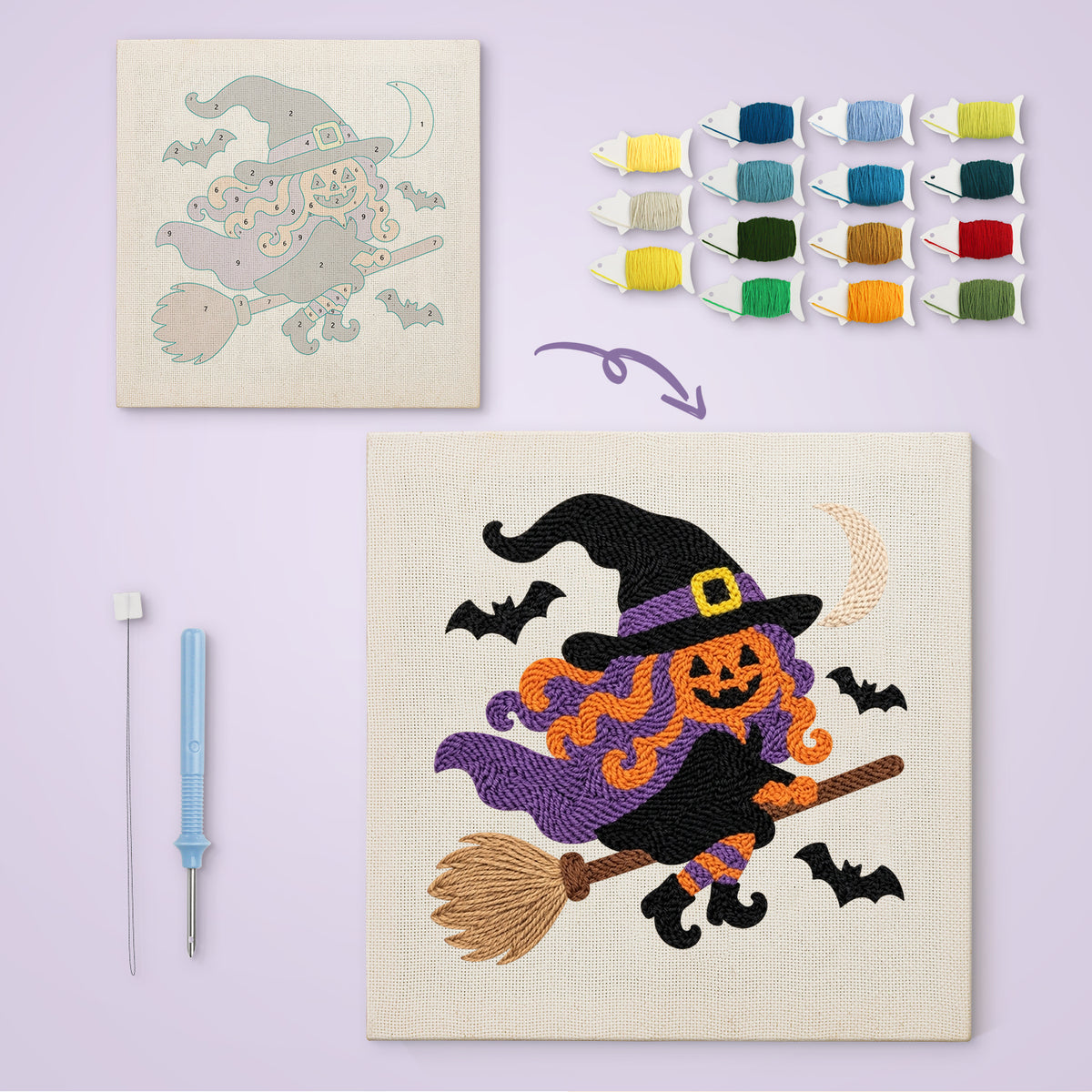 Pumpkin Witch in Flight canvas before and after punching, with the threads and tools