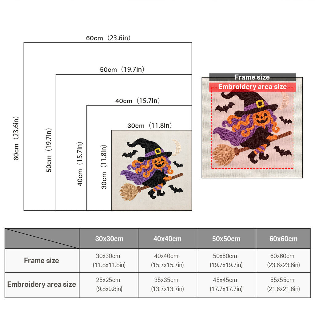 Size chart for square punch needle kits from 30 x 30 cm to 60 x 60 cm