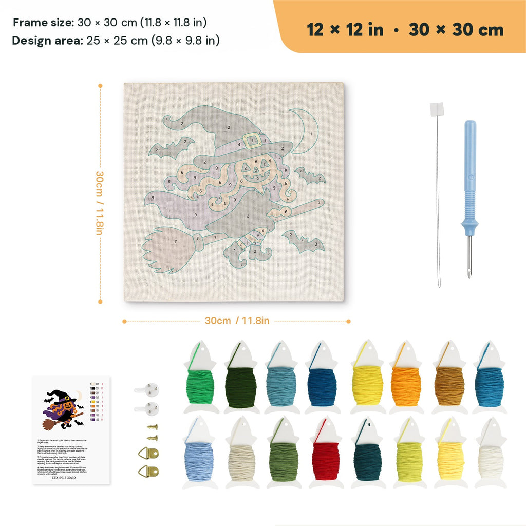 Pumpkin Witch in Flight punch needle kit, 12 × 12 in (30 × 30 cm): canvas size and kit contents