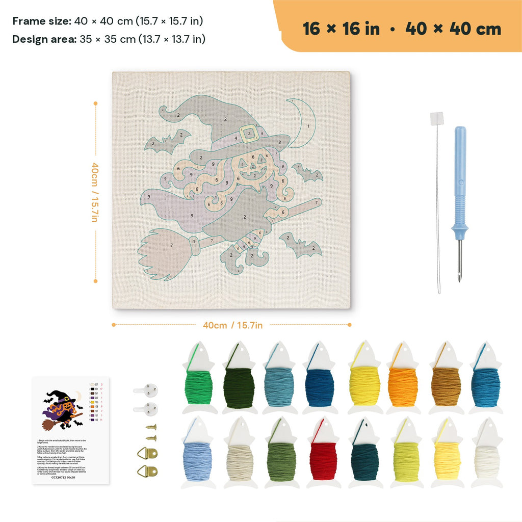 Pumpkin Witch in Flight punch needle kit, 16 × 16 in (40 × 40 cm): canvas size and kit contents