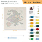 Pumpkin Witch in Flight punch needle kit, 20 × 20 in (50 × 50 cm): canvas size and kit contents