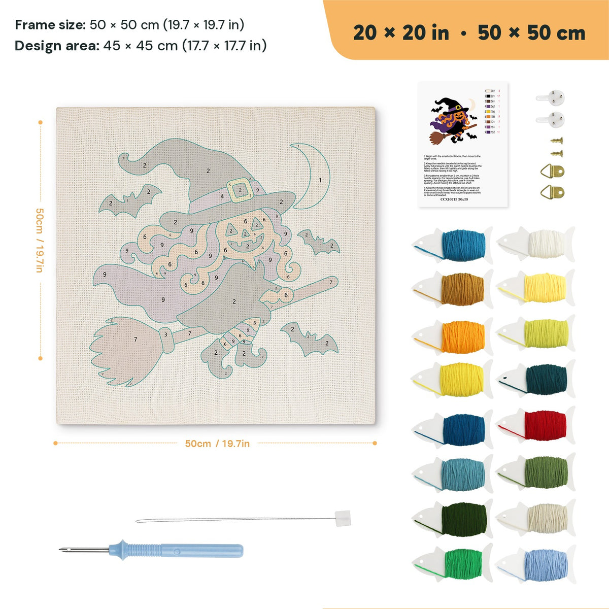 Pumpkin Witch in Flight punch needle kit, 20 × 20 in (50 × 50 cm): canvas size and kit contents
