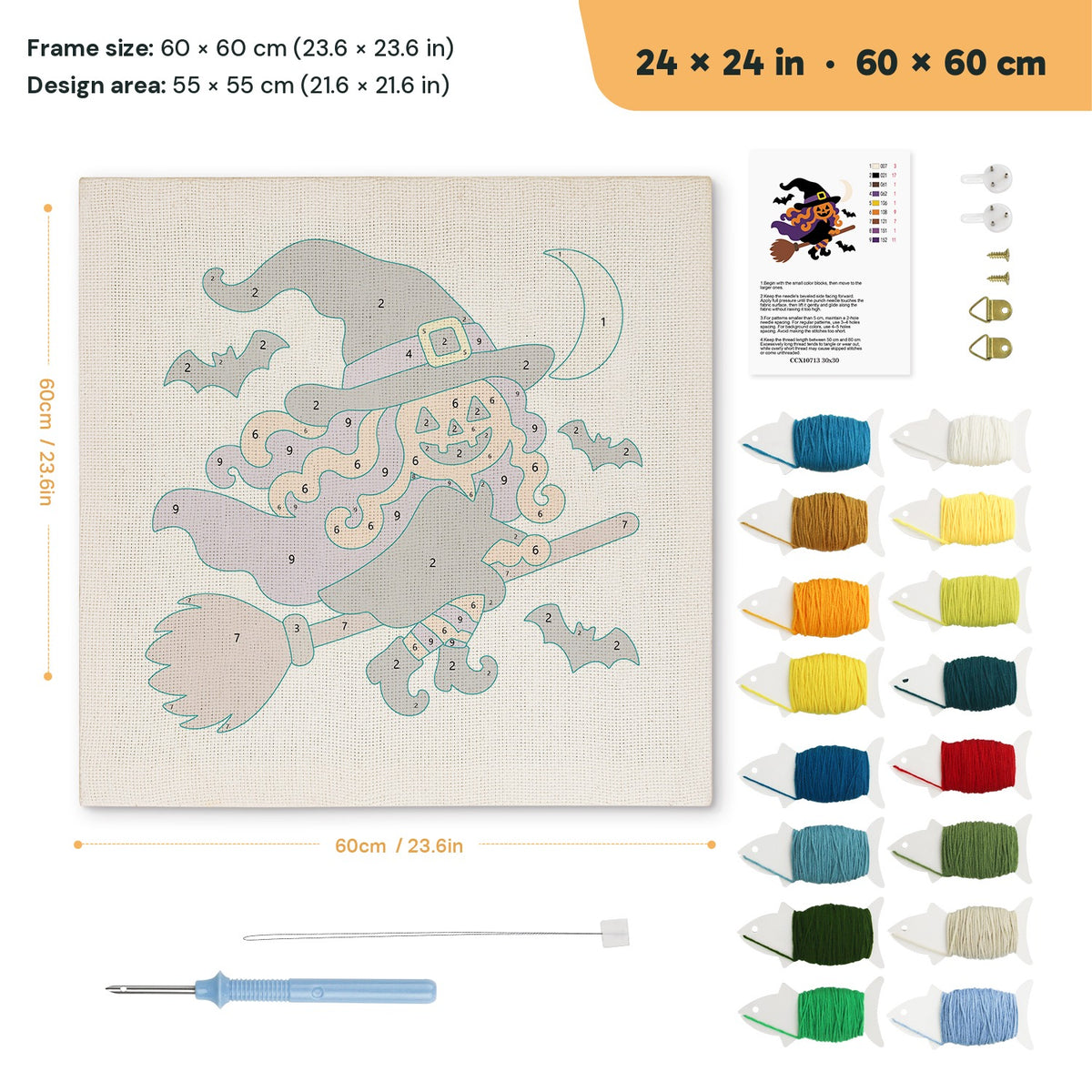 Pumpkin Witch in Flight punch needle kit, 24 × 24 in (60 × 60 cm): canvas size and kit contents