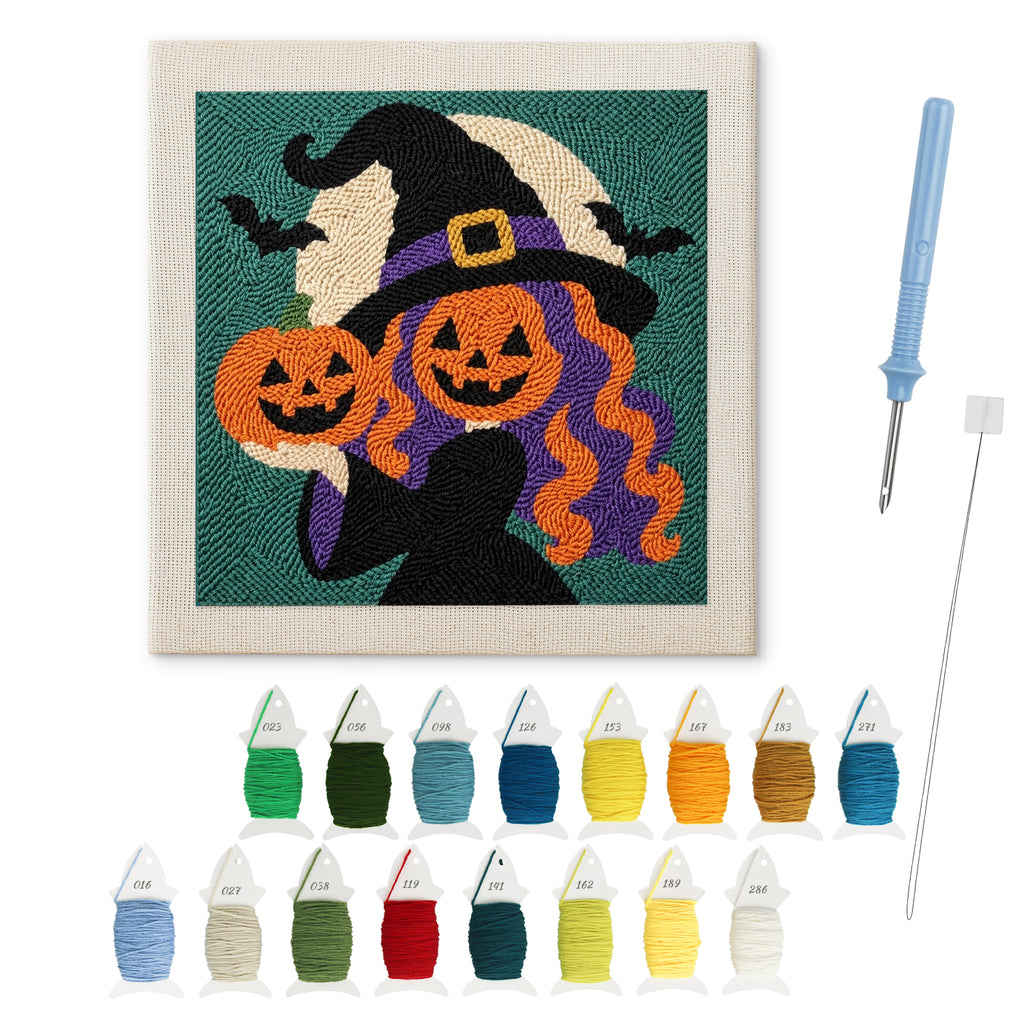 Pumpkin Witch Twins punch needle kit: finished canvas with threads, punch needle and threader