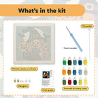 What is in the Pumpkin Witch Twins kit: printed canvas, punch needle, threader, threads, color guide and hangers
