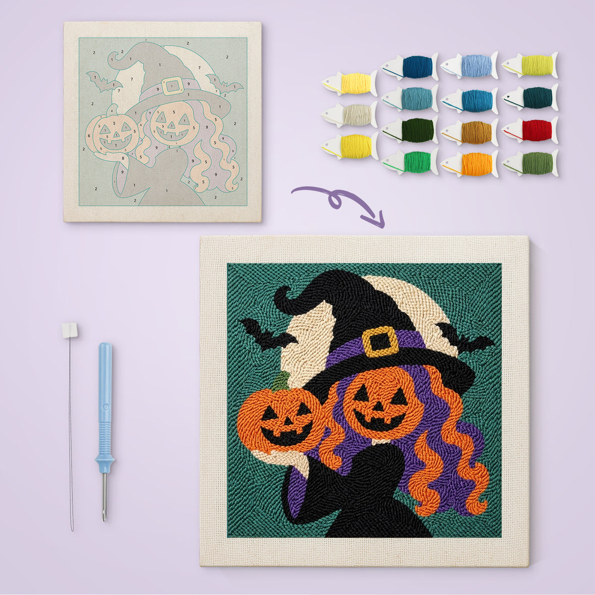 Pumpkin Witch Twins canvas before and after punching, with the threads and tools