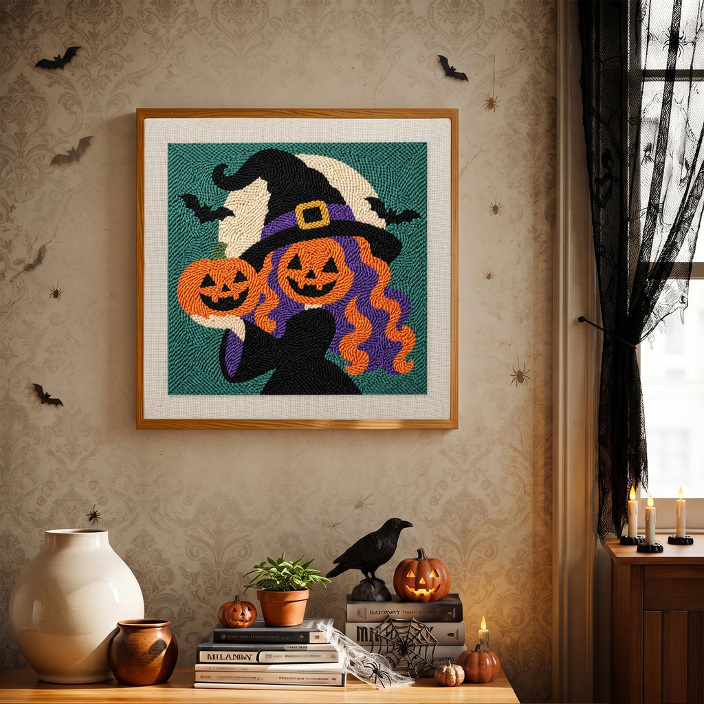 Finished Pumpkin Witch Twins punch needle canvas on a wall