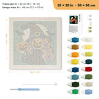 Pumpkin Witch Twins punch needle kit, 20 × 20 in (50 × 50 cm): canvas size and kit contents