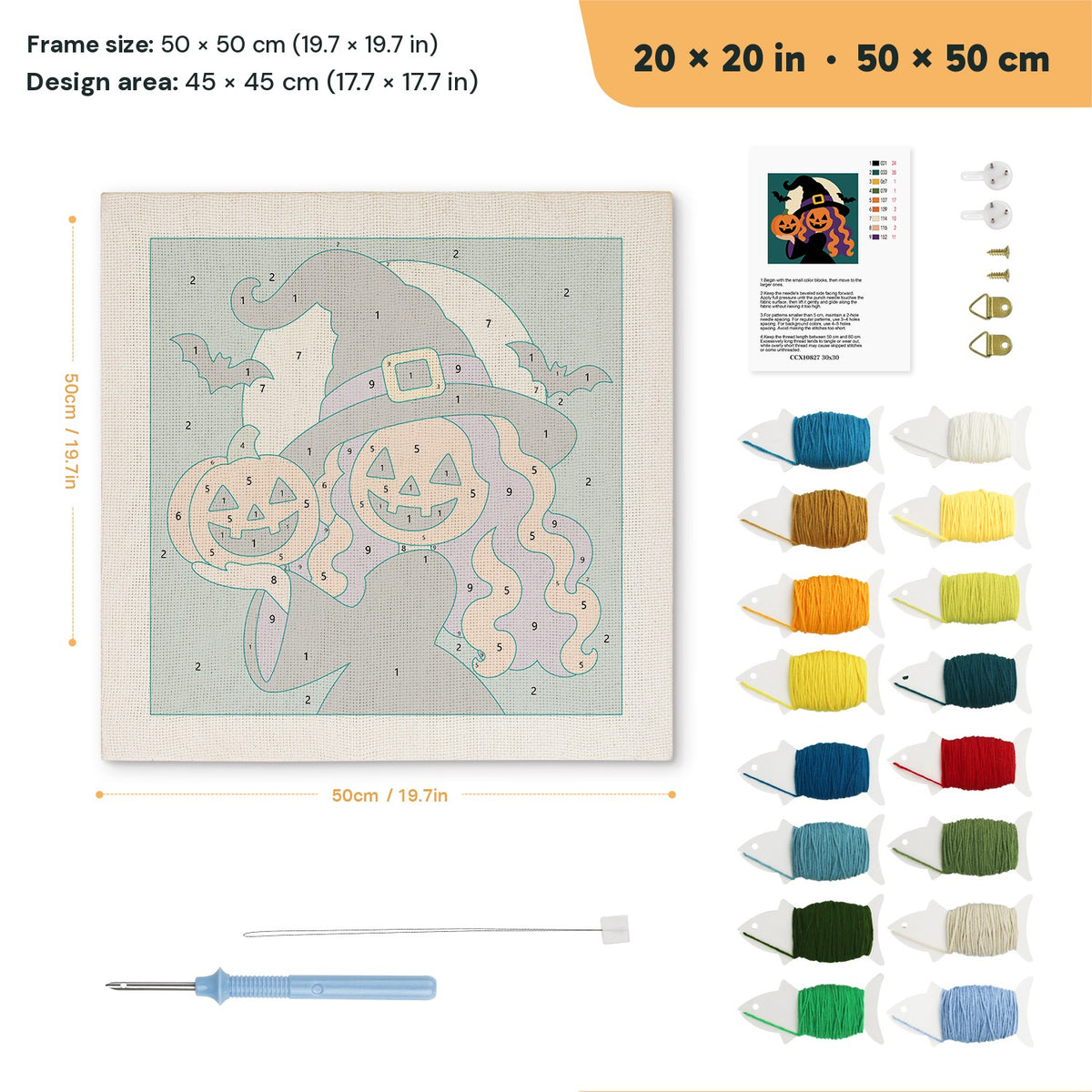 Pumpkin Witch Twins punch needle kit, 20 × 20 in (50 × 50 cm): canvas size and kit contents