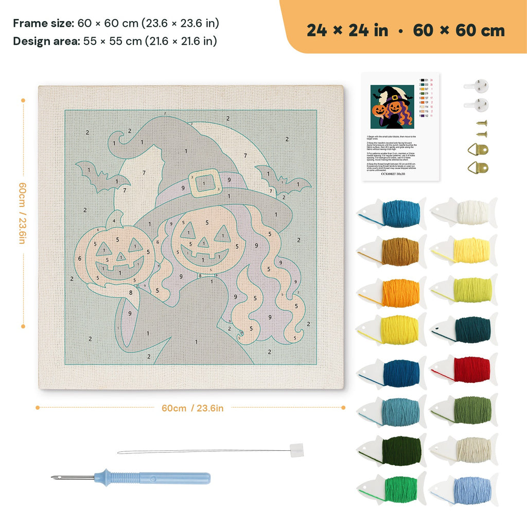 Pumpkin Witch Twins punch needle kit, 24 × 24 in (60 × 60 cm): canvas size and kit contents