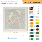 Pumpkin Witch Twins punch needle kit, 24 × 24 in (60 × 60 cm): canvas size and kit contents