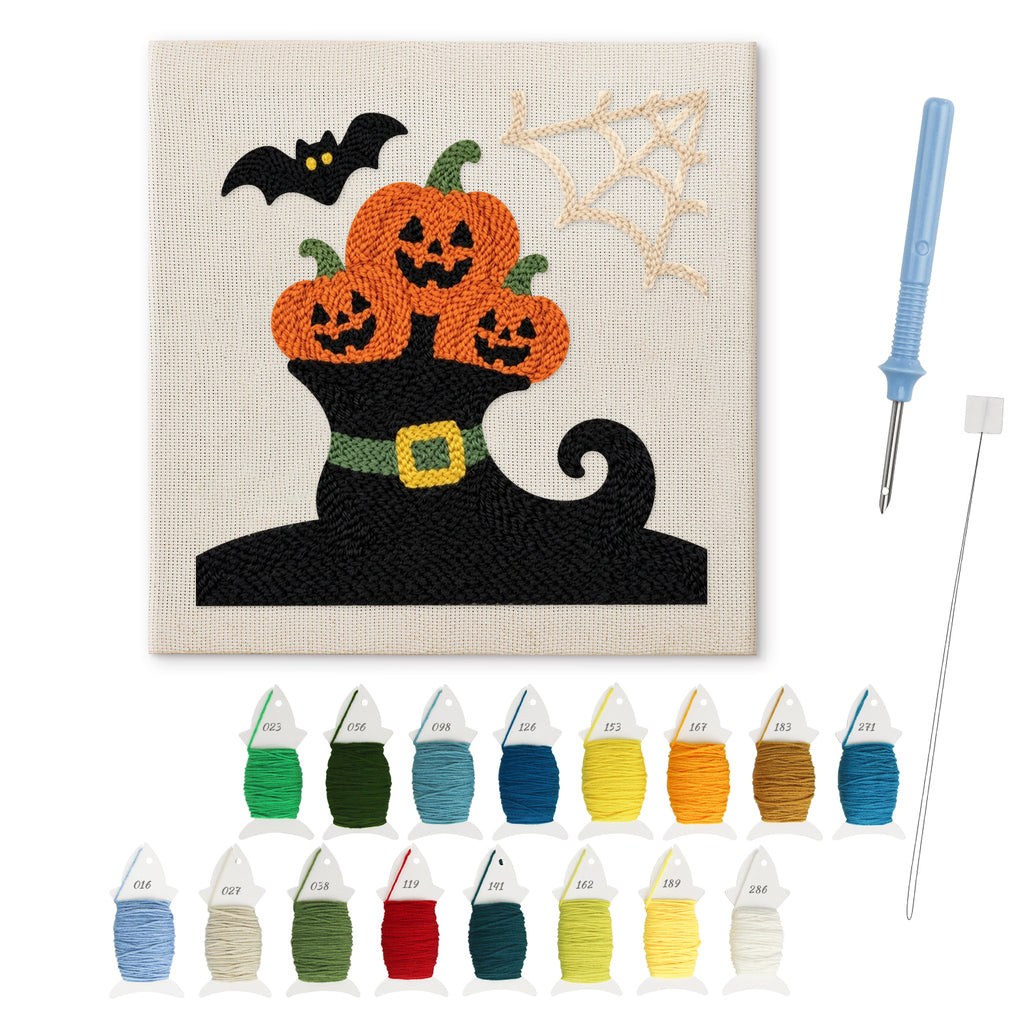 Pumpkins in a Witch Boot punch needle kit: finished canvas with threads, punch needle and threader