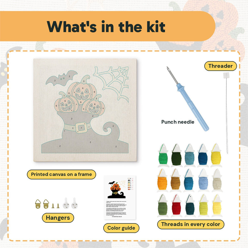 What is in the Pumpkins in a Witch Boot kit: printed canvas, punch needle, threader, threads, color guide and hangers