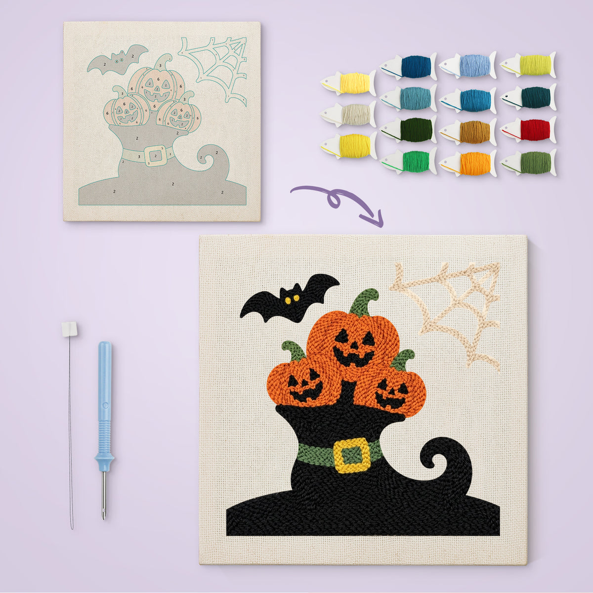 Pumpkins in a Witch Boot canvas before and after punching, with the threads and tools