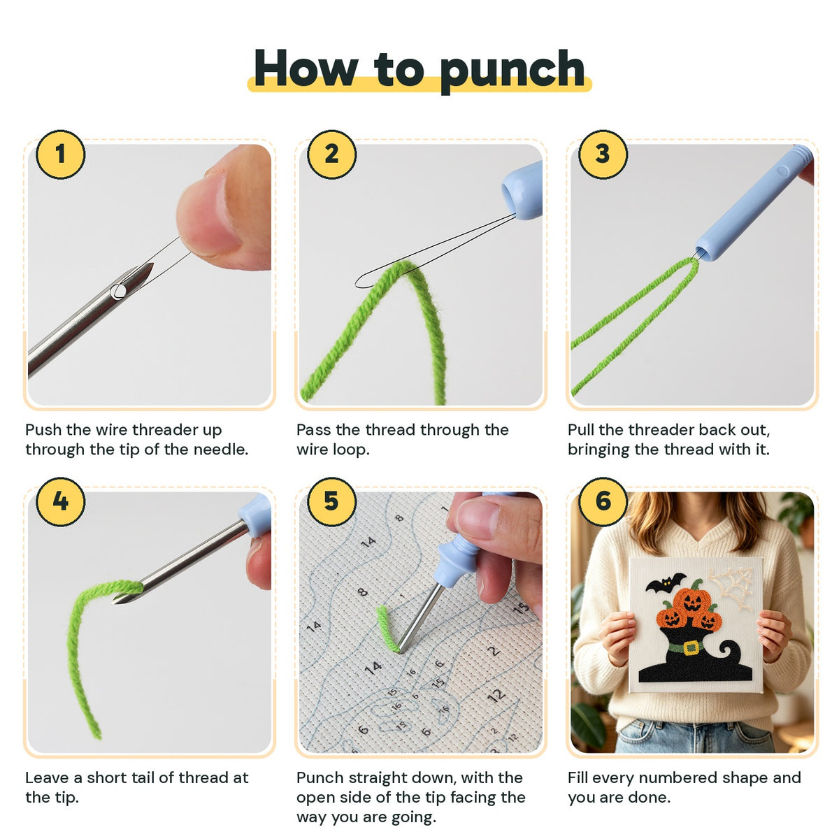 Six steps showing how to thread and use the punch needle