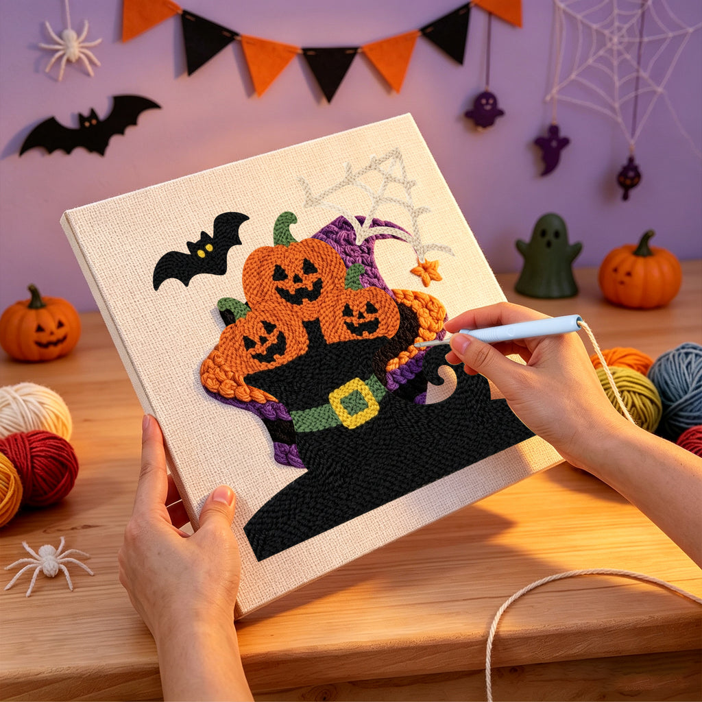 Punching the Pumpkins in a Witch Boot design with the punch needle