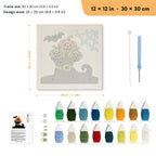 Pumpkins in a Witch Boot punch needle kit, 12 × 12 in (30 × 30 cm): canvas size and kit contents