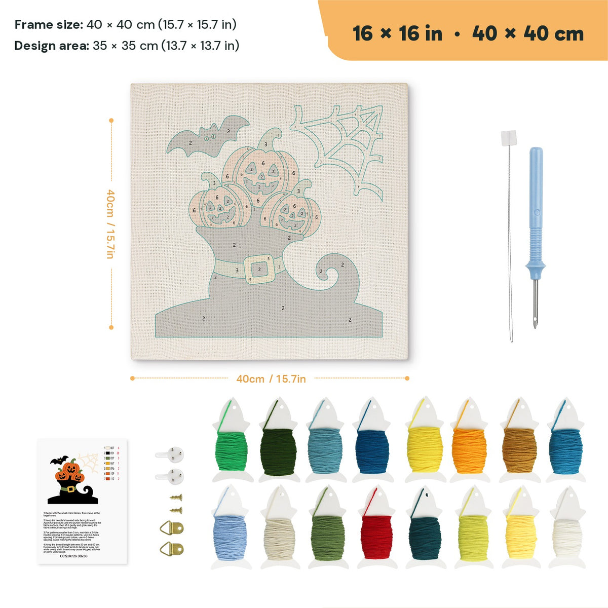 Pumpkins in a Witch Boot punch needle kit, 16 × 16 in (40 × 40 cm): canvas size and kit contents