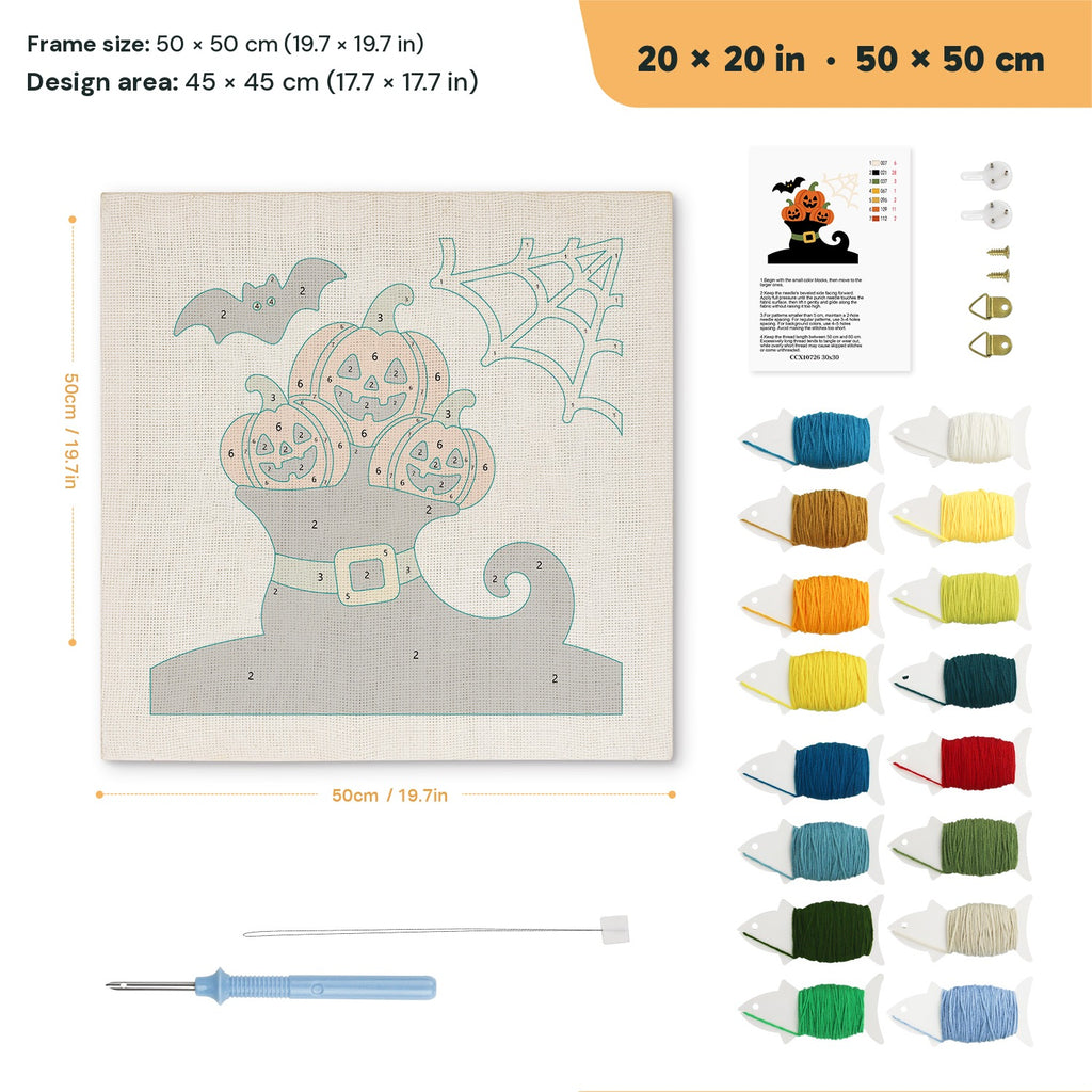 Pumpkins in a Witch Boot punch needle kit, 20 × 20 in (50 × 50 cm): canvas size and kit contents