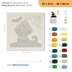 Pumpkins in a Witch Boot punch needle kit, 20 × 20 in (50 × 50 cm): canvas size and kit contents