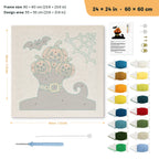 Pumpkins in a Witch Boot punch needle kit, 24 × 24 in (60 × 60 cm): canvas size and kit contents