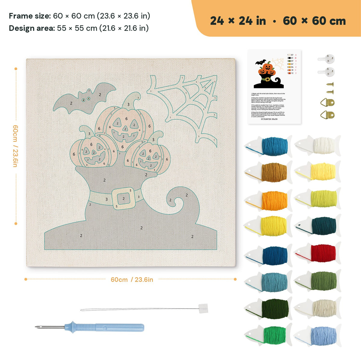 Pumpkins in a Witch Boot punch needle kit, 24 × 24 in (60 × 60 cm): canvas size and kit contents