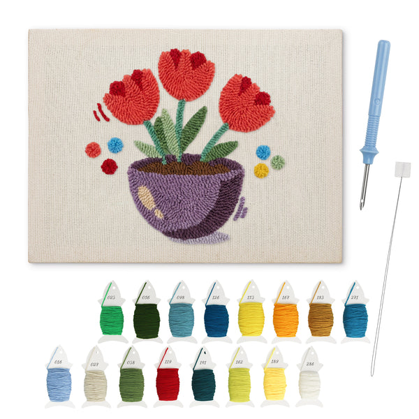 Purple Bowl Tulips punch needle kit: finished canvas with threads, punch needle and threader