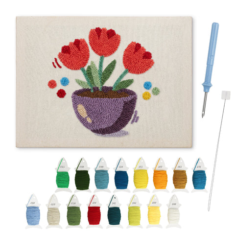 Purple Bowl Tulips punch needle kit: finished canvas with threads, punch needle and threader