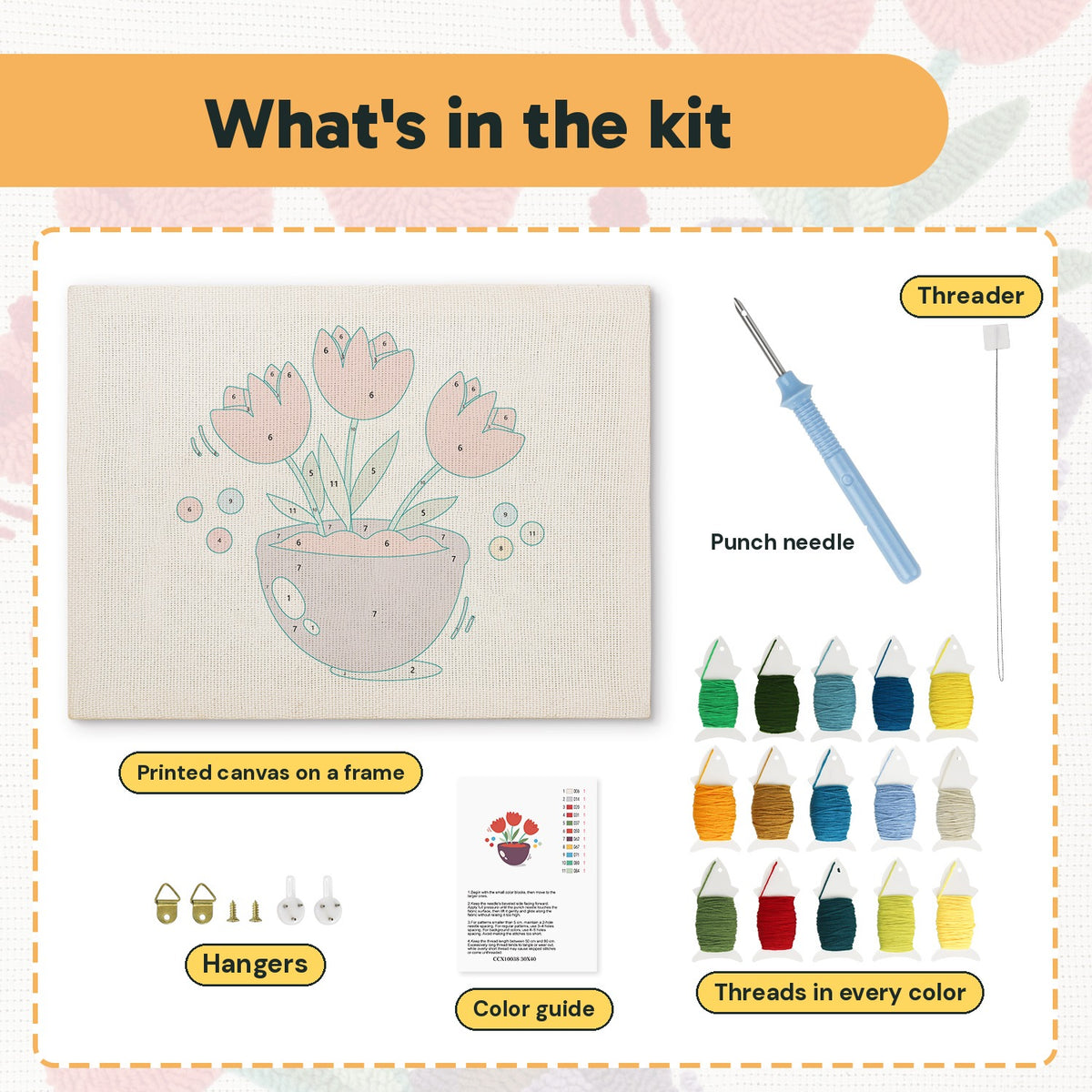 What is in the Purple Bowl Tulips kit: printed canvas, punch needle, threader, threads, color guide and hangers