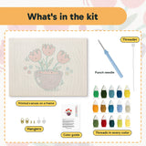 What is in the Purple Bowl Tulips kit: printed canvas, punch needle, threader, threads, color guide and hangers