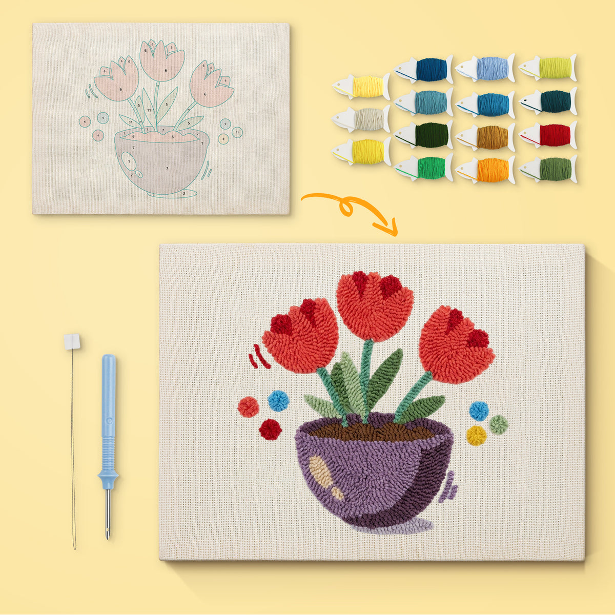 Purple Bowl Tulips canvas before and after punching, with the threads and tools