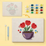 Purple Bowl Tulips canvas before and after punching, with the threads and tools
