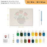 Purple Bowl Tulips punch needle kit, 12 × 16 in (30 × 40 cm): canvas size and kit contents