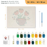 Purple Bowl Tulips punch needle kit, 16 × 20 in (40 × 50 cm): canvas size and kit contents