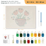 Purple Bowl Tulips punch needle kit, 20 × 24 in (50 × 60 cm): canvas size and kit contents