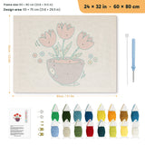 Purple Bowl Tulips punch needle kit, 24 × 32 in (60 × 80 cm): canvas size and kit contents