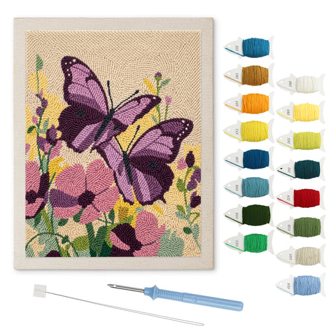 Purple Butterflies punch needle kit: finished canvas with threads, punch needle and threader
