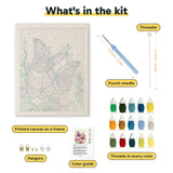 What is in the Purple Butterflies kit: printed canvas, punch needle, threader, threads, color guide and hangers